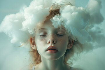 Head in the clouds concept, a young girl with blonde hair with her head in a cloud, daydreaming, imagination concept