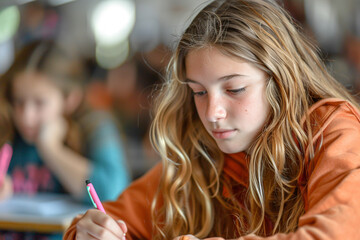 A young blonde girl writing a test at school, holding a pen and looking at the exam paper