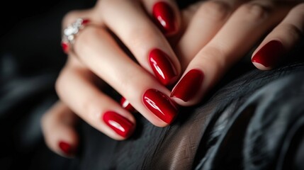 Close up womans hand with red manicure. Minimalist nail design