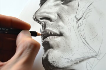 The artist's hand draws a person's face