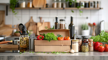 Fresh and Diverse Food Subscription Boxes Lined Up in Kitchen  