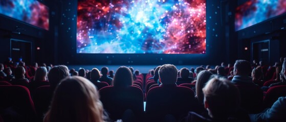 In a movie theater, computer science startup conference: Captivate audience with new product presentation, discuss neural networks and show new AI, big data and machine learning applications.