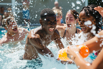 A diverse group of young friends having a water fight in the pool, summer fun