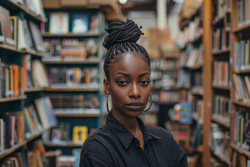 Portrait of a young black woman in a bookshop, bookshop owner