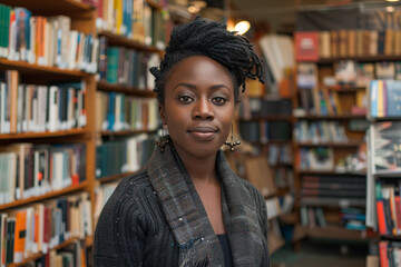 Portrait of a young black woman in a bookshop, bookshop owner