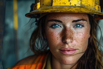 A confident woman with blue eyes and freckles wearing a yellow hard hat, female construction worker, civil engineer, architect