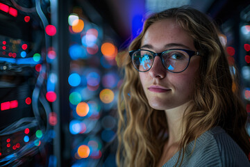 Portrait of a blond female IT-Specialist wearing glasses, standing in a server room, bokeh lights in the background