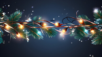A holiday-themed border of tangled branches with twinkling Christmas lights, transparent background, digital rendering suitable for festive designs