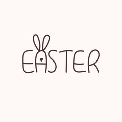 Lettering EASTER. The letter A is decorated with rabbit ears and nose. Illustration of Spring or Easter. 