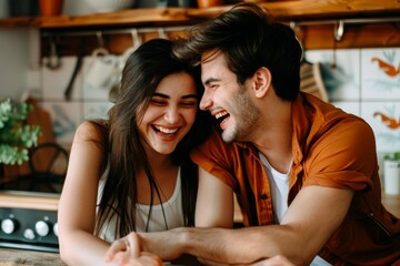 Couple laughing together sitting in front of drawers at home