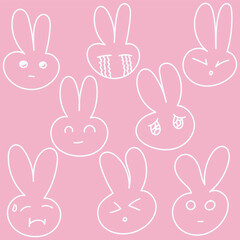 Different emotions on the faces of rabbits, suitable for creating a background. Vector illustration