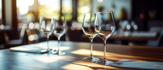 Close up of served buffet table with wine glasses at the luxury restaurant. Summer vacation. Romantic ambience for chilling. Generative ai