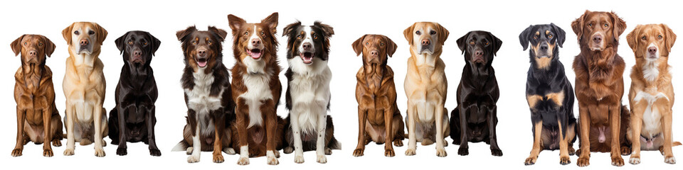 Group of dogs, Golden Retriever & Australian Shepherd sitting against white bac isolated on transparent or white background png