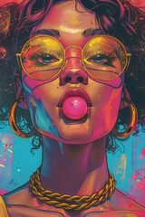 A closeup portrait of a woman blowing a bubblegum bubble, wearing stylish glasses and a gold necklace, with a colorful background.