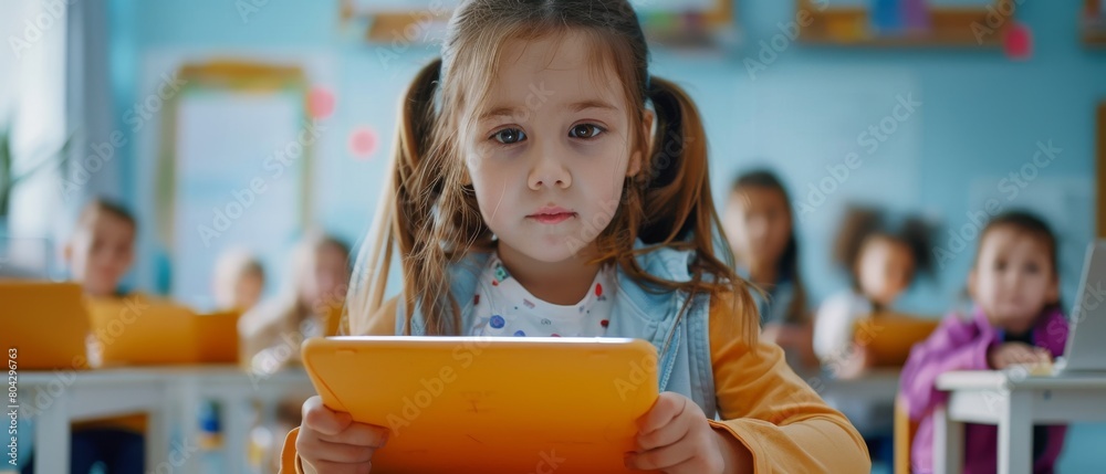 Poster students in elementary school computer science class use digital tablets, their classmates use lapto