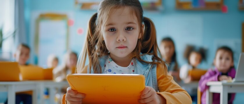 Students in elementary school computer science class use digital tablets, their classmates use laptops as well. Children are learning STEM and playing at the same time.