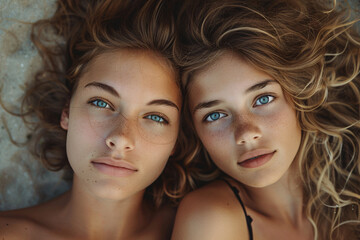 Two beautiful young women relaxing, lying on the floor with their heads together close-up