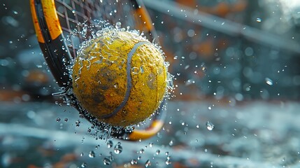 A close-up of a yellow tennis ball mid-air, with a racket blurred in the background.  - obrazy, fototapety, plakaty