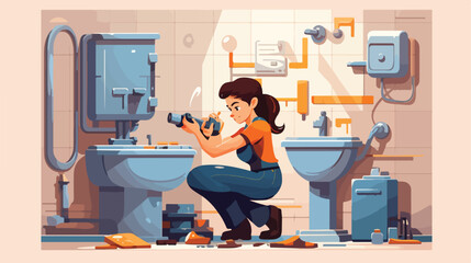 Female plumber fixing sink in bathroom 2d flat cart