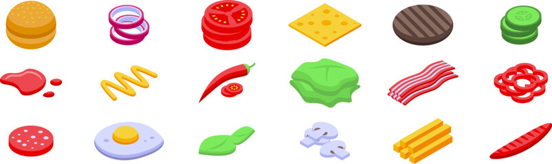Flying burger ingredients icons set isometric vector. Fast food. Floating layer