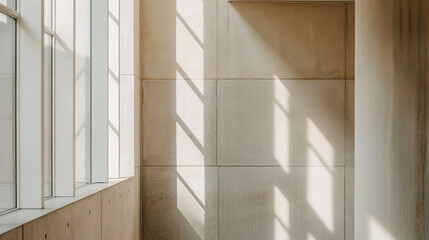 Minimalist design emphasizing light and shadow playing across clean lines and wall paneling