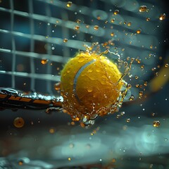 A close-up of a yellow tennis ball mid-air, with a racket blurred in the background.  - obrazy, fototapety, plakaty