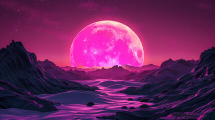 Majestic Pink Moon Over Snow-Capped Mountains in Futuristic Landscape