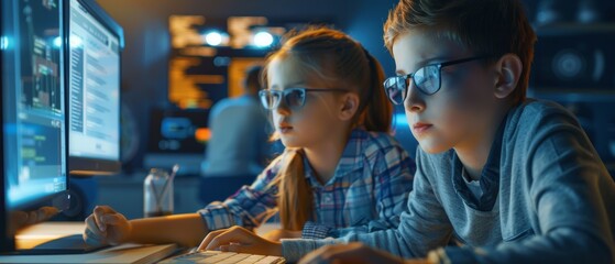 An elementary computer science classroom showing a smart girl and boy working together, using personal computers, learning about informatics, Internet safety, and programming language.