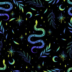 Vector magic seamless pattern with snakes, leaves, moon and stars. Mystical esoteric background for design of fabric, packaging, astrology, phone case, wrapping paper.