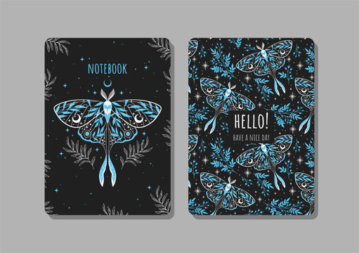 Cover design with moth and plant pattern. Hand drawn elements. Invitation, greeting card, cover book, notebook. Vector illustration