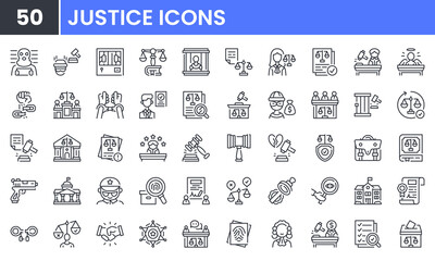 Justice and law vector line icon set. Contain linear outline icons like legal, lawyer, crime, court, judge, jail, prison, guilty, police, handcuff, corruption, investigation. Editable use and stroke.