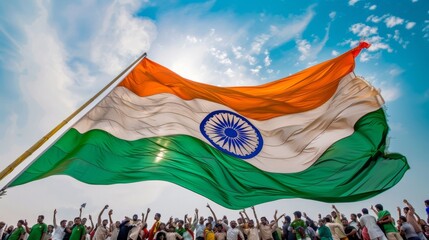Majestic Indian National Flag Waving Above Celebratory Crowd