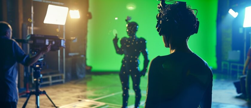 Film crew shooting blockbuster movie in Hollywood. Director commands camera operator to shoot green screen CGI scene with actor wearing motion tracking suit and head rig.