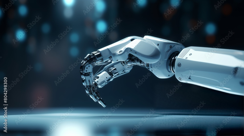 Poster A close-up photo of a sleek, futuristic robot arm delicately handling a delicate object, showcasing its precision and advanced technology.