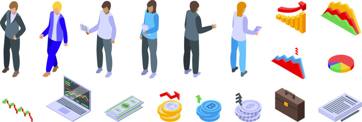 Investment portfolio icons set isometric vector. Management plan. Business people
