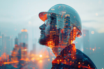 Construction and engineering concept with man engineer wearing hardhat in double exposure with construction site, 3D illustration