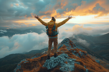 Positive man celebrating on mountain top, with arms raised up 