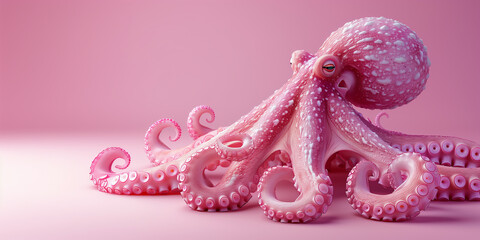 Fototapeta premium Pink octopus on pink studio background, 3D illustration