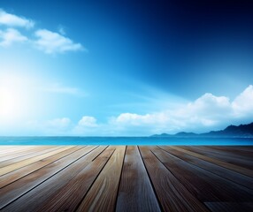 Tranquil Wooden Deck Overlooking Serene Ocean With Blue Sky and Clouds