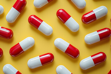 White and red pills arranged in rows on a yellow background, pattern, 3D illustration