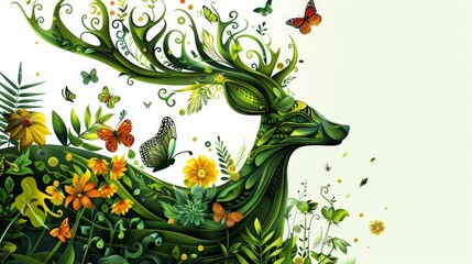 Deer Surrounded by Flowers and Butterflies