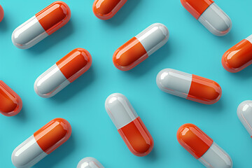 White and red pills arranged in rows on a blue background, pattern, 3D illustration