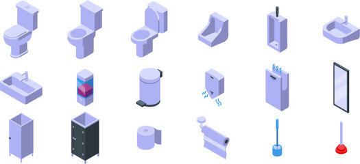 School toilet interior icons set isometric vector. Public restroom. Sink closet