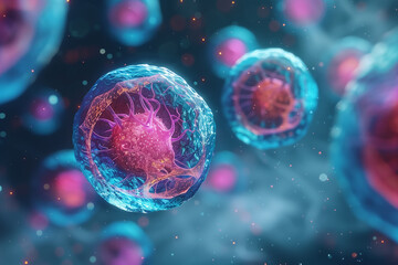 Illustration of abstract colorful stem cell under microscope view in laboratory, 3d, illustration