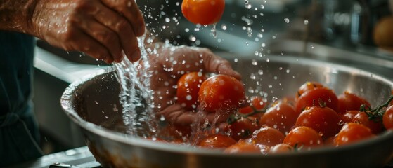 Authentic Stylish Kitchen with Healthy Vegetables. Organic Farming Products hand-washed in a natural setting. Close up shot of a man washing tomatoes with tap water. - Powered by Adobe