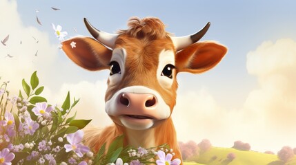 Cow Grazing in Flower Field
