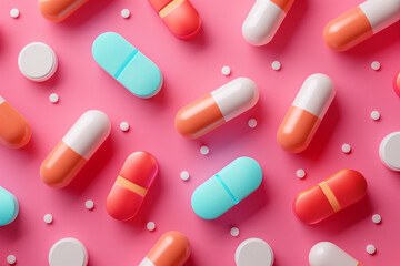 Pills pattern, top view, 3D illustration