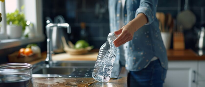 The concept of a clean diet and healthy way of life is presented in a close up shot of a woman filling a reusable plastic bottle with clean filtered tap water. Using the sports bottle for H20 in the