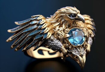 Gold Eagle Ring With Blue Stones