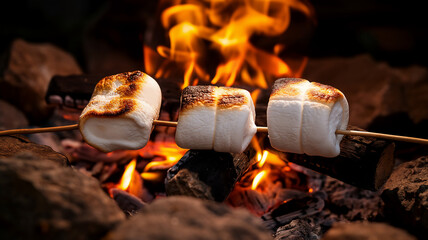 Marshmallows toasted over a campfire, showing golden-browned crusts with a backdrop of blazing flames and glowing embers.